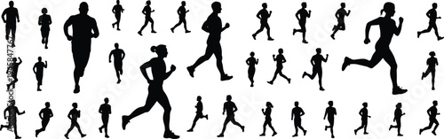 Running person silhouette collection set, jogging athlete icons, vector flat design elements, fitness workout sport activity character
