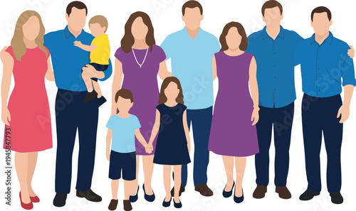 Flat vector illustration of big happy multi generational family standing together, group portrait of relatives, parents and children