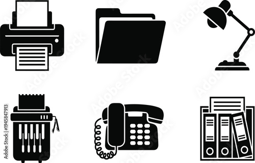 Black and white office supplies and equipment