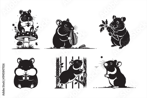 Hamster Silhouette Vector Set, Cute Pet Hamster Collection, Hamster Sitting, Eating, Running Animal Illustration Pack, hamster silhouette, hamster vector, hamster illustration, pet hamster silhouette