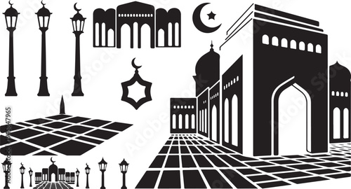 Islamic Architecture and Symbols in Black and White Illustration