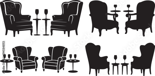 Set of Two Chairs with Side Tables and Wine Glasses Silhouette Vector Illustration black and white