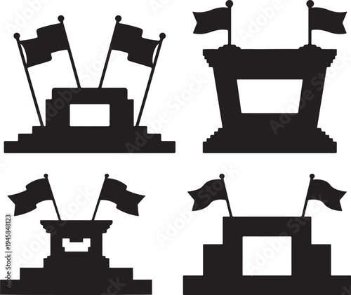 Podium with Two Waving Flags Silhouette Vector Illustration black and white