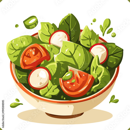 Vector illustration of fresh green salad with spinach, tomatoes, radish in bowl, healthy vegetarian meal, isolated on a white background