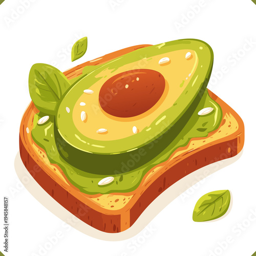 Vector illustration of avocado toast with seeds and fresh herbs, healthy breakfast, isolated on a white background