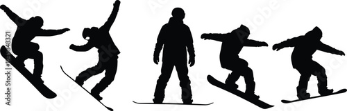 Silhouette sequence of snowboarders in dynamic action poses, including jumping, landing, and leaning, representing winter sports motion, athletic performance, and extreme snowboarding concept 