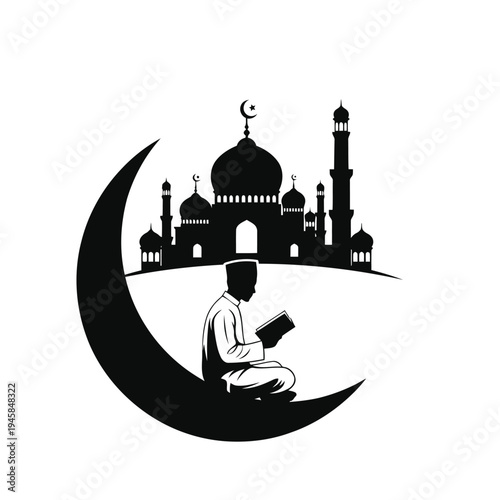 Silhouette of a person reading quran during ramadan with mosque and crescent moon illustration