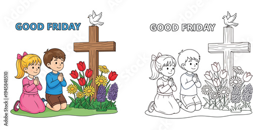 Good Friday Prayer - Children Kneeling at the Cross with Flowers