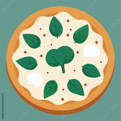 A flat lay of a pizza topped with spinach and basil.