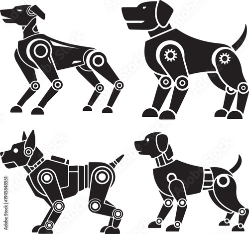 Set of Black Robotic Dog Silhouette Vector Illustration black and white