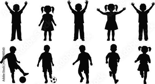 Set of black children silhouettes including boys and girls playing soccer running and standing with arms raised isolated on white