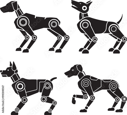 Set of Black Robotic Dog Silhouette Vector Illustration black and white