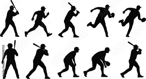 Silhouette sequence of baseball players in dynamic action poses, including batting, pitching, running, and fielding, representing sports motion, athletic performance, and competitive game concept 
