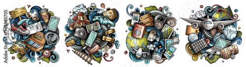 Colorful vector illustration of travel and vacation elements. luggage, tickets, airplane, maps, and landmarks in doodle style. Ideal for tourism, adventure, holiday, and journey design projects