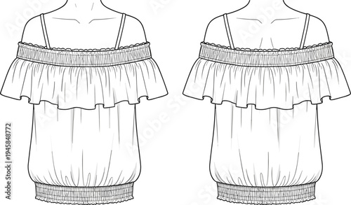 Women, off shoulder, blouse, template, front, back, view, fashion, clothing, apparel, mockup, casual, ruffle, top, garment, vector, illustration, stylish, design, outfit