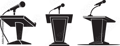 Podium with Two Waving Flags Silhouette Vector Illustration black and white