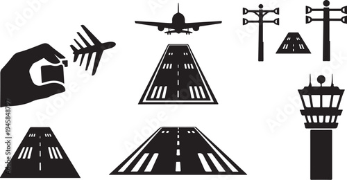 Airport runway and airplane icons in black and white