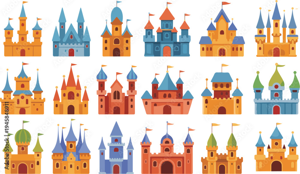Obraz premium whimsical fairy tale castle vector set featuring colorful fantasy fortresses and magic palaces for children's illustration,