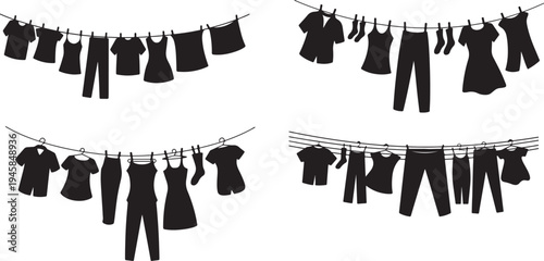 Set of Clothes Hanging on Clothesline Silhouette Vector Illustration black and white