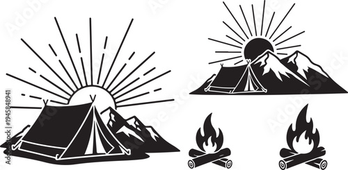 Camping icons with mountains, tent, and campfire illustrations