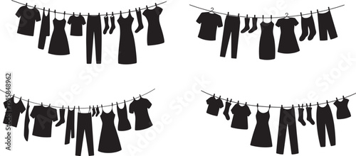 Set of Clothes Hanging on Clothesline Silhouette Vector Illustration black and white