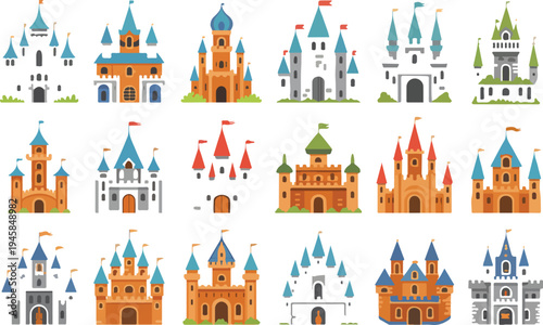 whimsical fairy tale castle vector set featuring colorful fantasy fortresses and magic palaces for children's illustration,