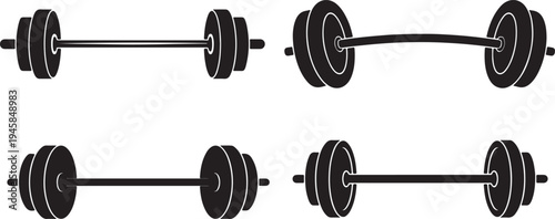 set of Barbell with Weight Plates Silhouette Vector Illustration black and white