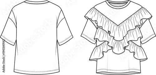 Women, ruffle, t shirt, template, front, back, view, fashion, clothing, apparel, mockup, casual, short, sleeve, garment, vector, illustration, stylish, design, outfit