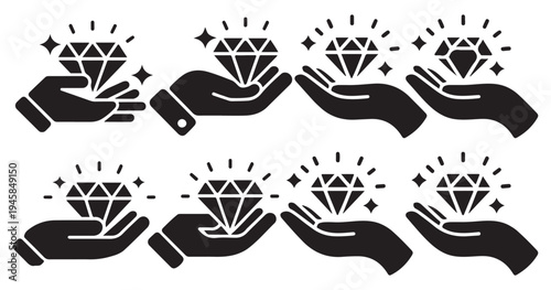 Hands holding sparkling diamond icons for wealth and donation. vector illustration eps 10