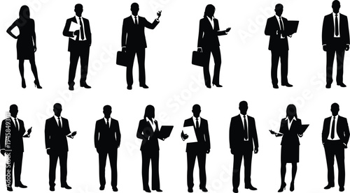 Silhouette group of business professionals in formal attire, holding briefcases, documents, and devices, showing communication, teamwork, and corporate activities for workplace and office concepts