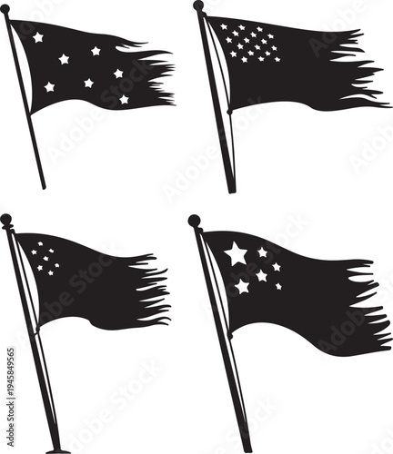 Set of Waving Star Flag on Flagpole Silhouette Vector Illustration black and white