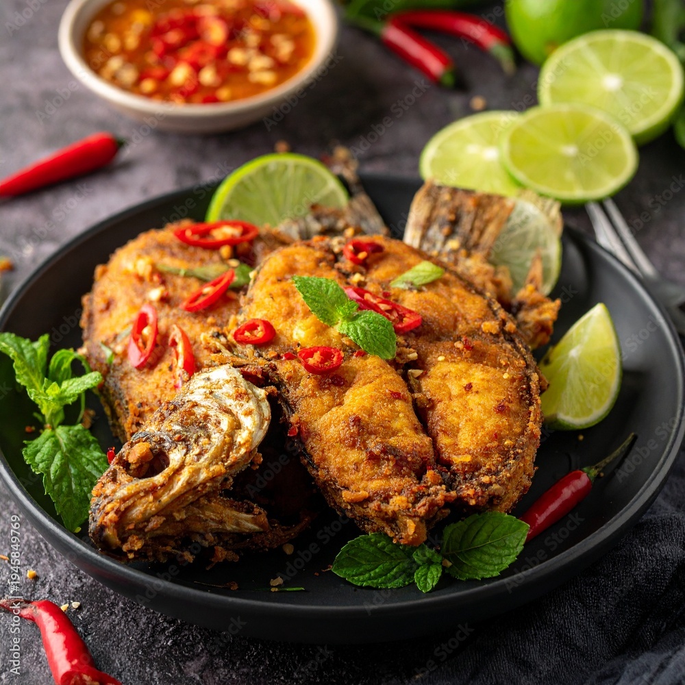 Fototapeta premium Fisch mit Chili und Limette (Thailand)