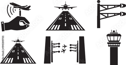 Airport runway and aviation icons in black and white