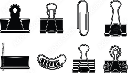 Black and white of various binder clips and paperclip office supplies