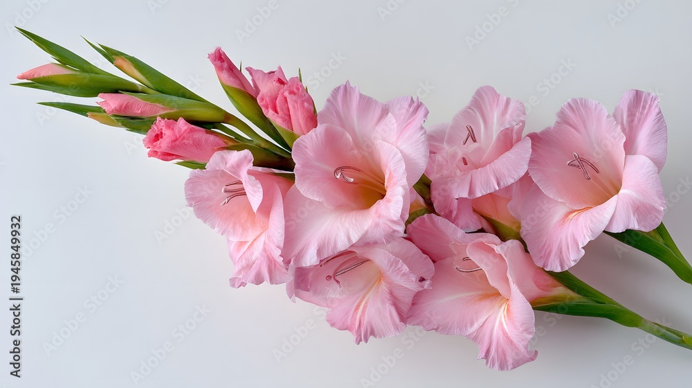 Obraz premium Delicate Pink Gladiolus Flowers Blooming on a White Background.