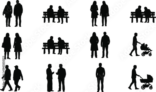 Black silhouettes of people in various poses and settings standing sitting walking