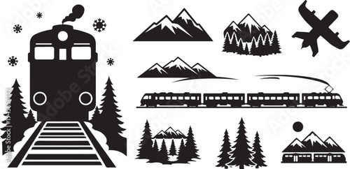 Travel Transportation Icons Set with Mountains and Snowflakes Design