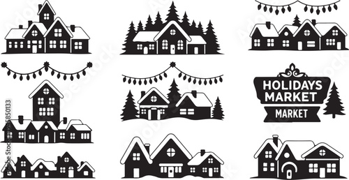 Holiday Market Winter Scene with Houses and Trees Silhouette