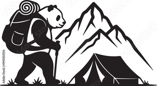 Panda hiker with backpack and tent by mountains, camping adventure art