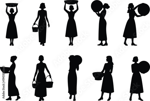 village woman silhouettes carrying baskets and water pots for rural life, culture, and traditional labor design projects