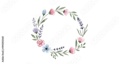 Watercolor floral wreath illustration with pink and blue flowers on a white background