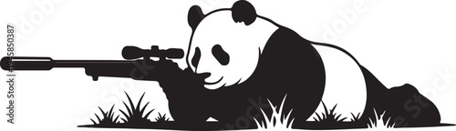 Panda with sniper rifle lying down, aiming illustration, artwork suggests precision