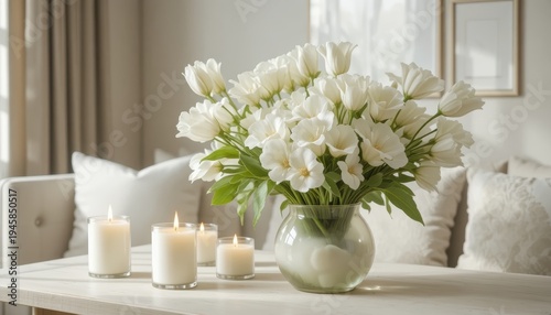 Elegant White Flower Arrangement in Vase with Scented Candles on Table in Bright Modern Living Room