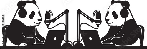 Two pandas podcasting together with microphones and laptops with black and white