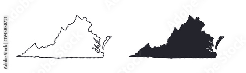 Virginia USA state map silhouette and outline map. Vector shapes of us state, isolated on white. Perfect for infographics, geography design, education, and maps.