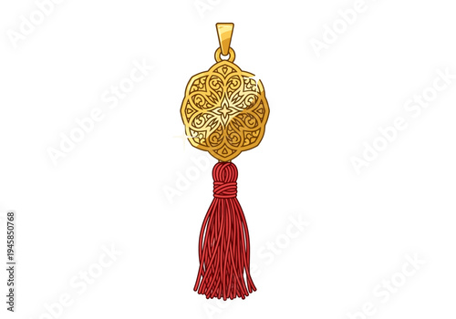 Golden pendant with intricate design and red tassel on white background