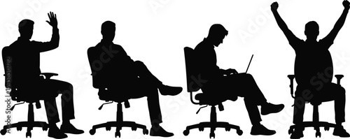 Silhouette illustration of office workers seated in chairs showing gestures such as raising hands, working on laptops, and celebrating, symbolizing productivity, teamwork, communication, and success.