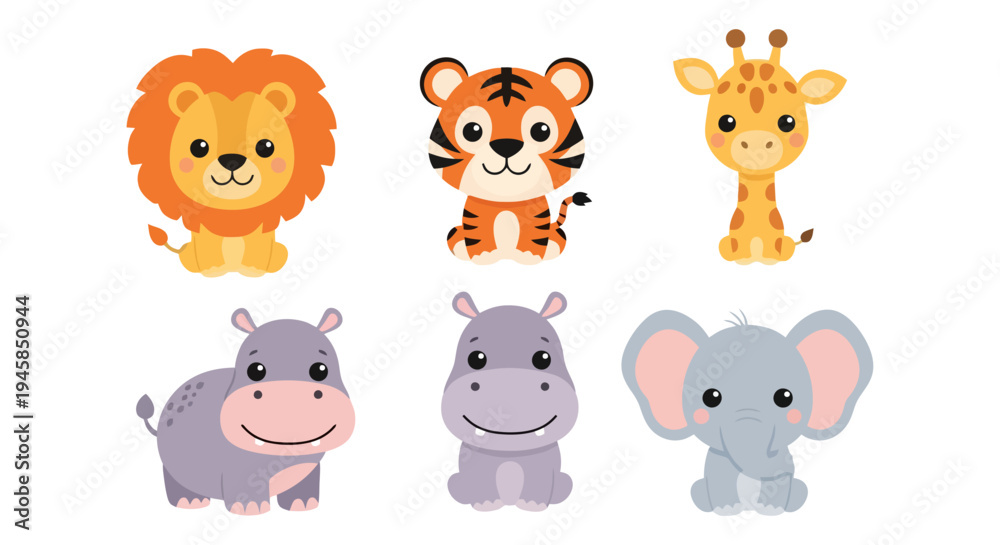 Fototapeta premium Cute Cartoon Safari Animals Collection.