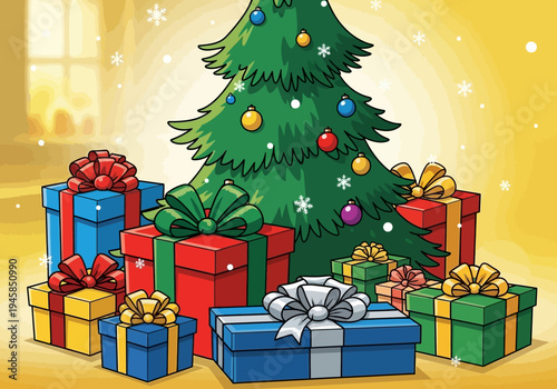 Colorful illustration of a Christmas tree surrounded by wrapped gifts in various colors against a warm golden background with snowflakes