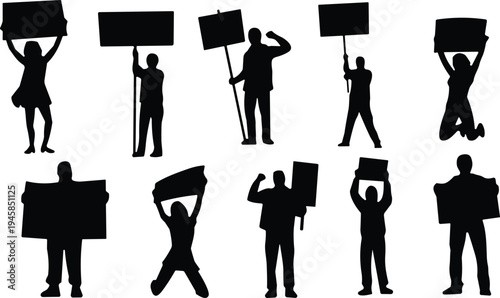 Protest icons, activist silhouettes, people holding signs, demonstration figures, social movement, political rally, public awareness, freedom expression, vector illustration, activism